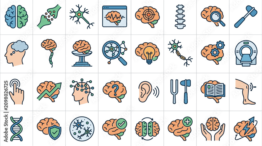 Obraz premium A collection of colorful flat line icons representing neurology and brain health concepts.