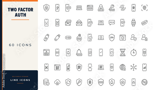 Two factor authentication line icon set featuring security verification, password protection, biometric login, and data privacy symbols