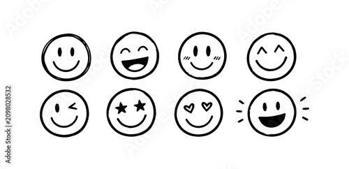 Quadro su tela Collection of hand drawn smiling face icons with various expressions on a white