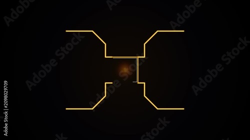 Futuristic orange digital crosshair frame expanding on black background.