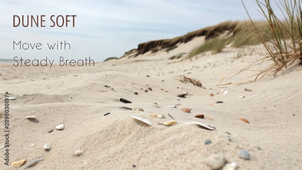 Fototapeta premium Tranquil Desert Scene with Fine Sand, Gentle Dunes, Natural Texture, Natural Calmness, Serene Atmosphere, and Breathe Flow