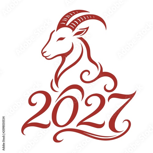 Elegant red goat line art illustration with ornate 2027 typography - design for Chinese new year greeting cards, festive calendar covers, and Asian horoscope poster prints. JPEG version.