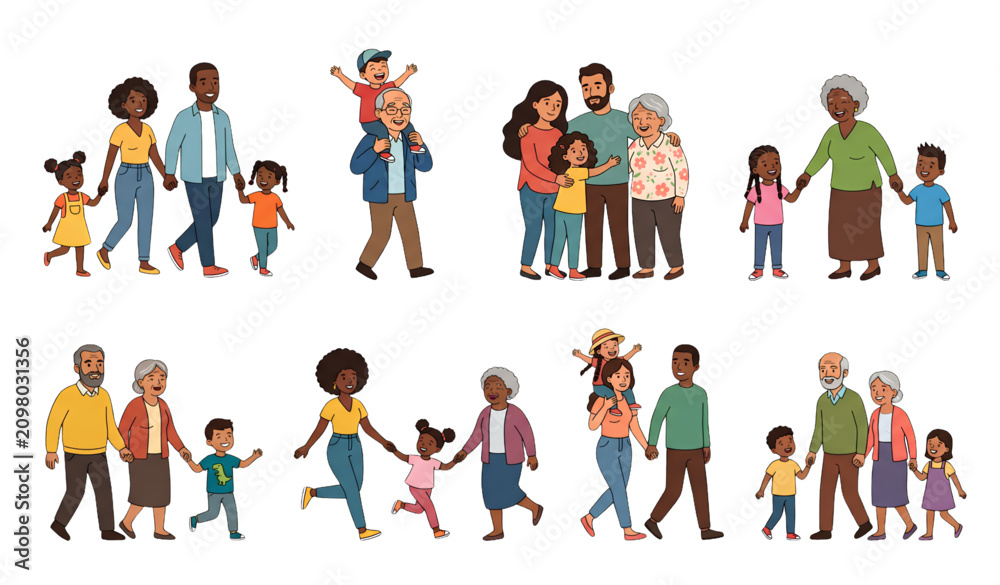 Fototapeta premium Happy Multigenerational Family Characters Vector Set 