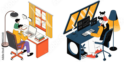 Work from Home Father with Child and Freelancer Remote Working Concept Vector Illustration Set