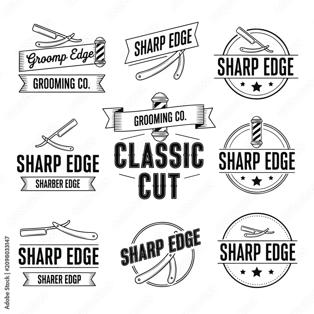 Obraz premium Collection of vintage barber shop logo designs with straight razors.