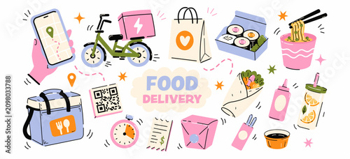 Bild auf Leinwand Food delivery stickers collection with courier bicycle, smartphone navigation, takeaway meals, grocery shopping, ramen, sushi and fast delivery service