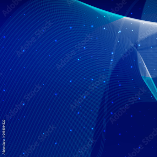 Abstract blue background featuring futuristic glowing curved lines and shimmering particles for modern technology data networking and digital science designs.