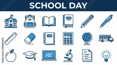 School day education icons collection with classroom supplies learning tools and academic symbols for web apps print and infographic design