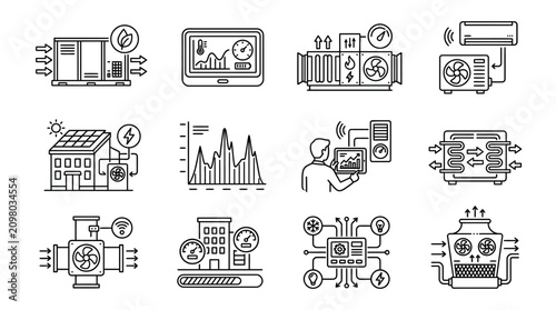 Fotografía Minimalist Black and White Line Icons Set Featuring HVAC Systems Smart Home Ener