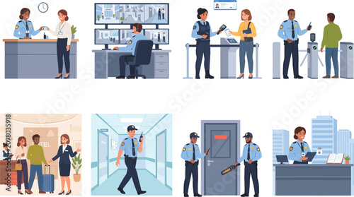 Security guard and hospitality service illustration set featuring surveillance monitoring ID checking patrolling and hotel reception