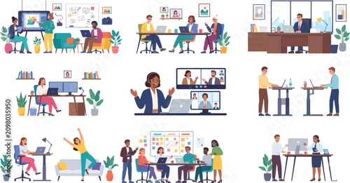 Modern office and remote work illustration set featuring diverse professionals collaborating and working independently