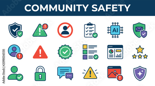 Community safety and content moderation icon collection for social media security trust privacy verification and digital protection