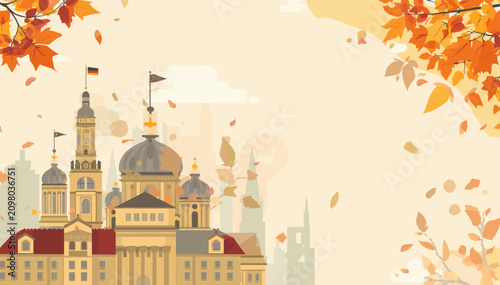Bild auf Leinwand Autumnal illustration of a grand historical building with falling leaves and flags