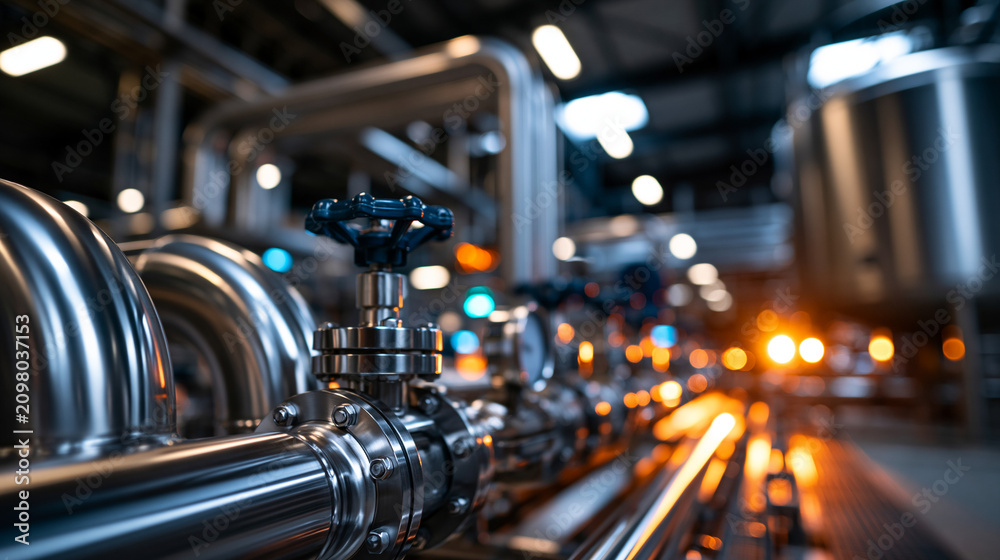 Fototapeta premium Gleaming stainless steel pipes and a storage tank carrying product and water through a bright factory production room polished curves and valves stainless steel pipes storage