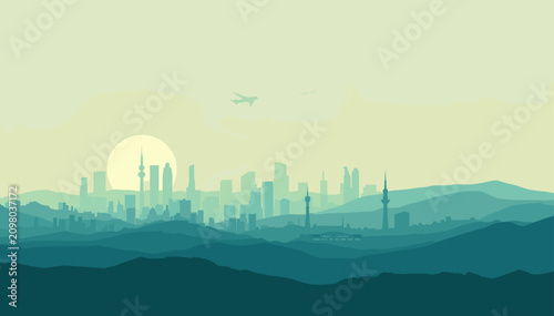 Принти на полотні A serene, minimalist illustration of a sprawling cityscape silhouetted against a hazy, sunlit sky, with rolling hills in the foreground