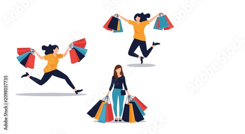 Set of three happy women carrying multiple colorful shopping bags while running, jumping, and posing in joy.