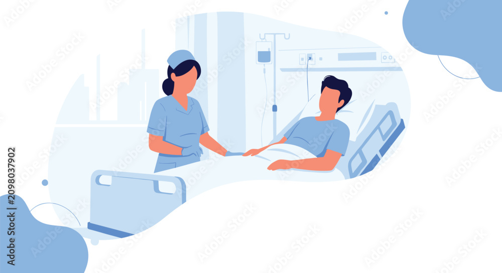 Obraz premium Caring professional nurse in uniform checking on a male patient lying in a hospital bed with medical equipment around him.