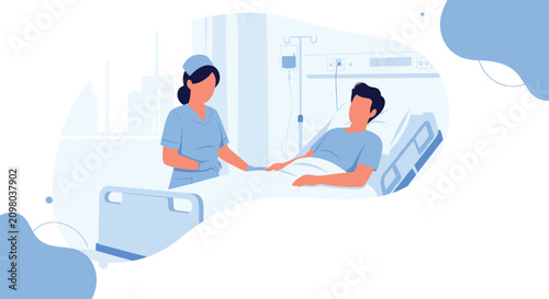 Caring professional nurse in uniform checking on a male patient lying in a hospital bed with medical equipment around him.