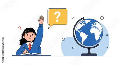 Smart schoolgirl sitting at a desk raising her hand to ask a question next to a globe model in a classroom lesson.