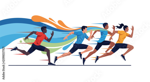 Group of diverse athletes sprinting fast in a track race with dynamic colorful waves representing speed and energy.