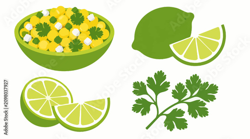Photos Fresh salad bowl with limes and cilantro garnish.