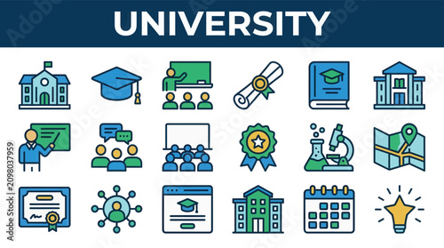 University academic campus icon collection with classroom learning certificate science and education symbols