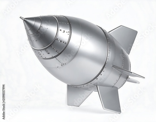 A shiny, metallic rocket ship angled to the right, poised for launch. It has rivets, fins and a pointed cone. It's set against a white backdrop