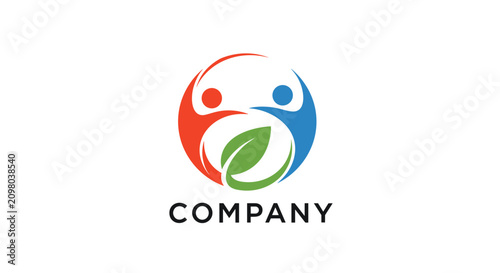 Corporate company logo design featuring two abstract people icons and a green leaf inside a circular frame.