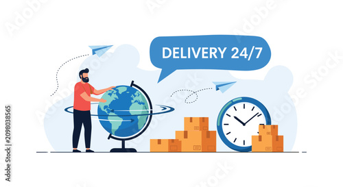 Global 24/7 delivery concept featuring a courier standing next to a large globe, clock, and cardboard boxes.