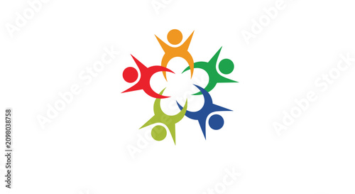 Vibrant abstract colorful logo featuring five stylized human figures joining hands to form a circle of unity.