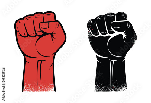 Power of Unity: Two clenched fists, one red and one black, raised in solidarity. protest symbol, strength in unity, social justice, revolution fist, activism symbol.