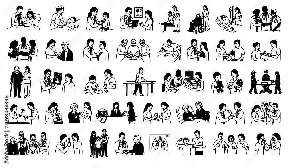Fototapeta premium Doctor Nurse and Patient Hand Drawn Doodle Vector Illustration Set Black and White