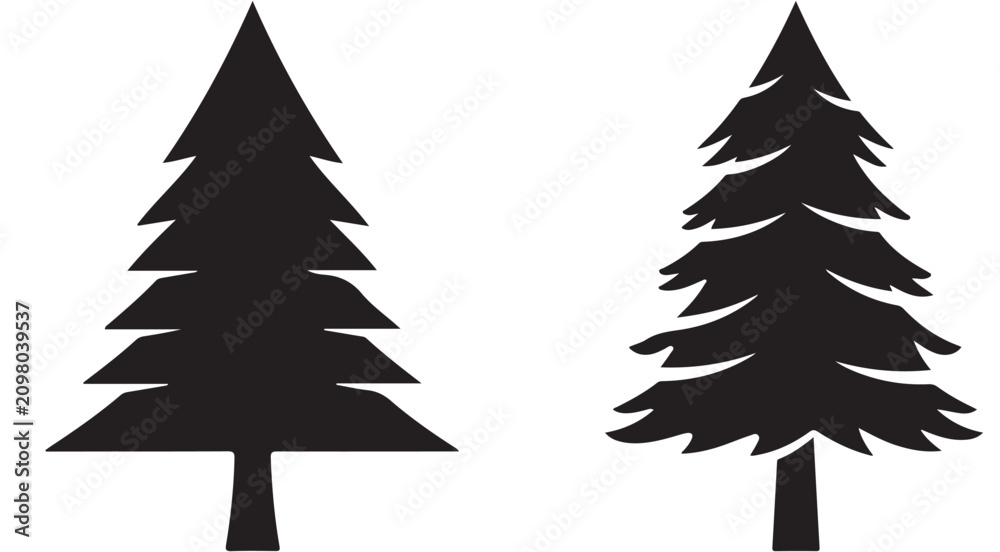 Fototapeta premium Pine tree silhouettes vector set with geometric and organic evergreen fir trees for nature design
