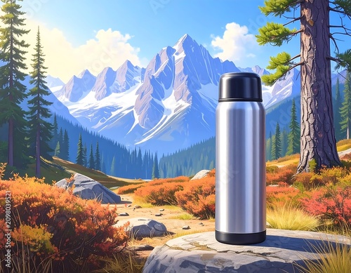 A shiny steel insulated bottle sits atop a rock, in a vibrant autumn scene with mountains and evergreens. The sky is bright