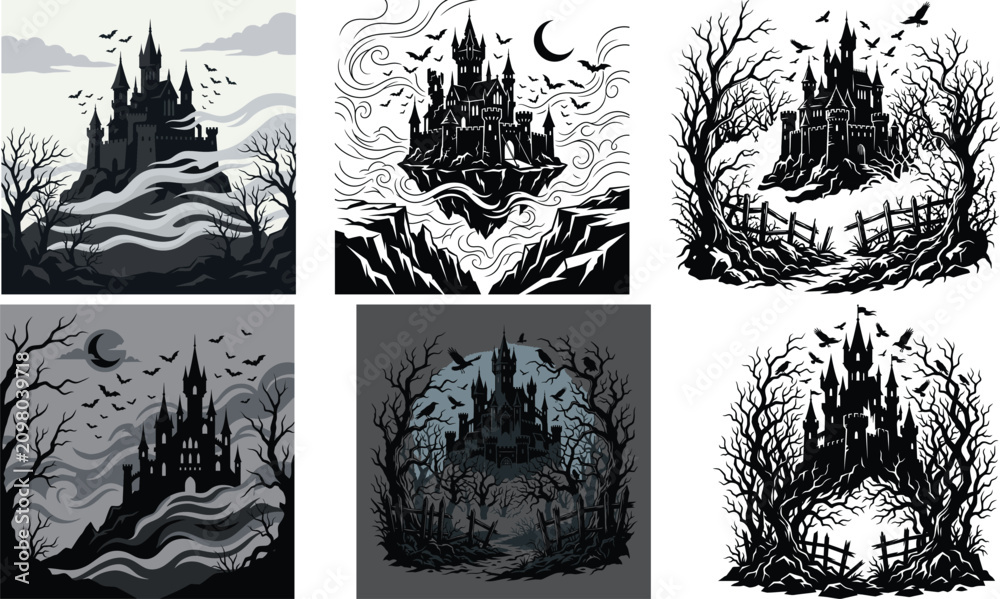 Obraz premium Gothic haunted castle vector set, spooky medieval fortress illustrations with bats and dead trees, dark fantasy mansion collection for Halloween