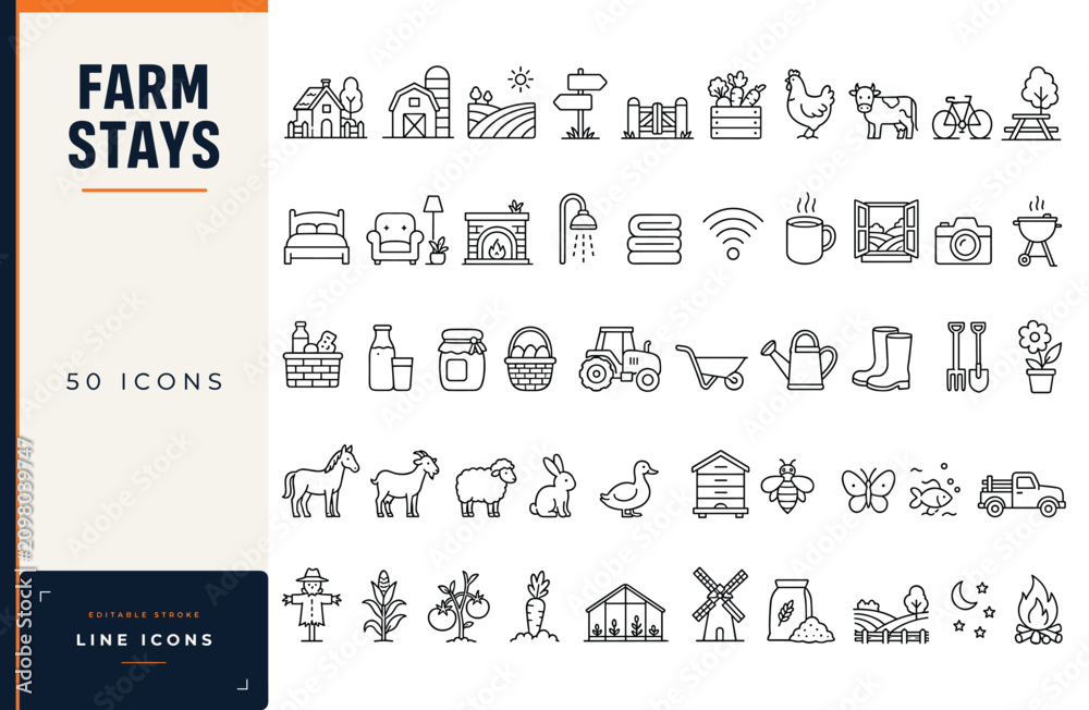 Naklejka premium Farm stays line icon set featuring agritourism, rural accommodation, farming activities, livestock, fresh produce, and country lifestyle