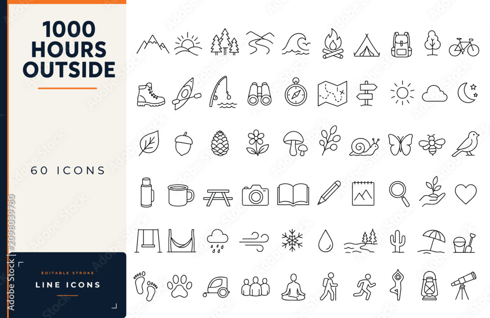 Naklejka premium outdoor adventure and nature line icon set featuring camping, hiking, weather, wildlife, and recreation symbols