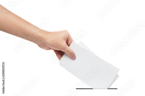 Photography Hand inserting folded ballot paper into voting box slot, isolated on transparent