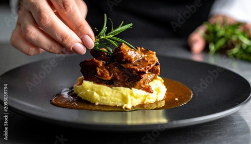 Chef Plating Braised Meat with Mashed Potatoes and Rosemary Representing Culinary Artistry, Precision, and Motivational Food Presentation Awareness