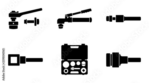Foto Hydraulic Crimper Tool Set, Metal Fittings, Industrial Equipment, Vector Icons