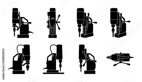 Konstfotografi Magnetic Drill Press Icons, Industrial Machine Vector Set, Heavy Duty Equipment