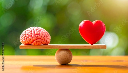 Wooden Balance Scale with Brain and Sad Heart Representing Logic Versus Emotion, Decision-Making, and Motivational Emotional Intelligence Awareness