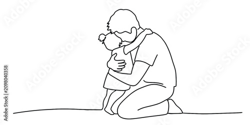 Photos Continuous line art illustration of a father kneeling down and tenderly hugging