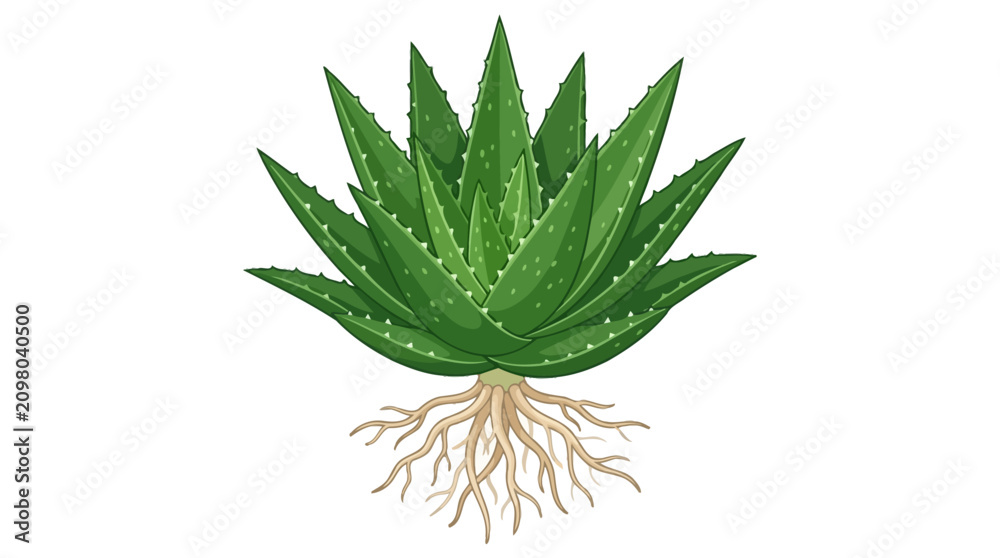 Fototapeta premium Green Aloe Vera Plant with Roots Illustration