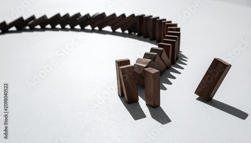 Curved Arrangement of Upright Wooden Domino Pieces Representing Cause and Effect, Sequential Motion, and Motivational Domino Effect Awareness