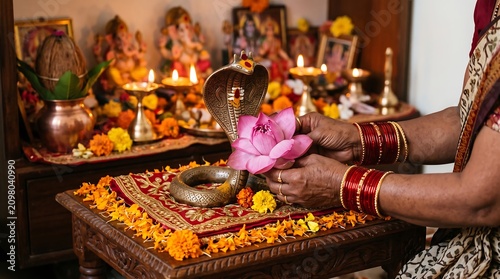 Happy Nag Panchami - Hands Offering Lotus Flower to Bronze Cobra Idol