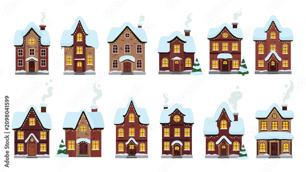 Fototapeta premium Charming collection of twelve snowy winter houses with christmas lights and smoke from chimneys for seasonal holiday scenes.