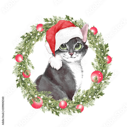 Isolated charming watercolor cat character wearing Santa hat inside festive Christmas wreath