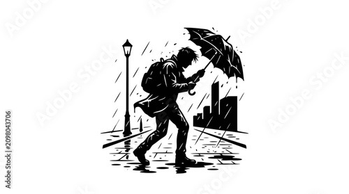 Man struggling with umbrella in heavy rain.