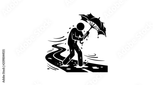 Man struggling with a broken umbrella.